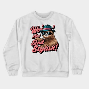 Woo! Slow and Stylish Sloth 2D Flat Illustration T-Shirt Design - Retro Pop Art Crewneck Sweatshirt